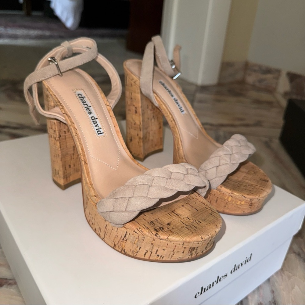 Charles David Nude Braided Cork Heels